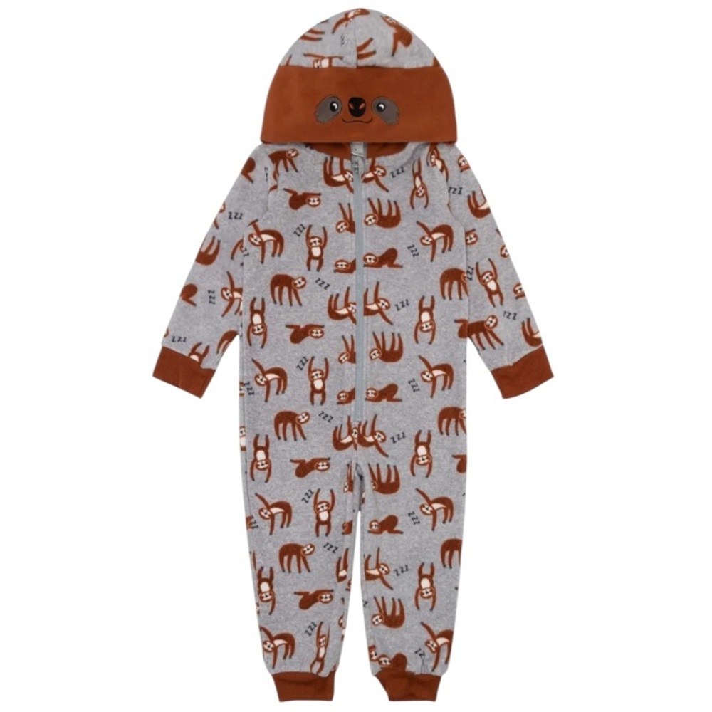 NEW Petit Lem PL Sleep Kids Sloth Hooded Fleece Union Suit Grey